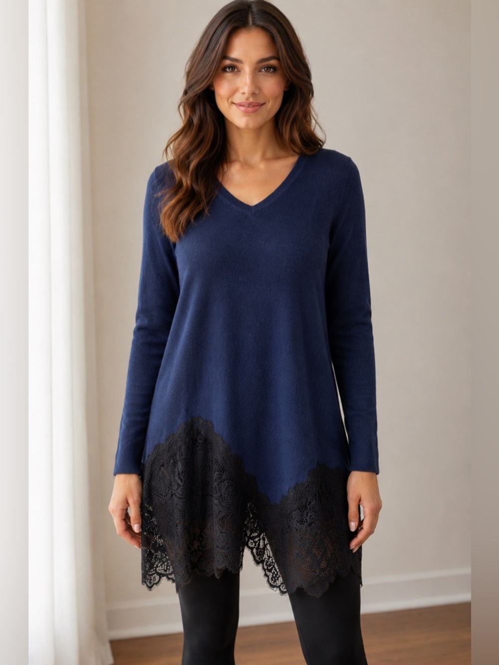 Love Scarlett Navy Blue Lace Hem Sweater Tunic XL Soft Knit V Neck